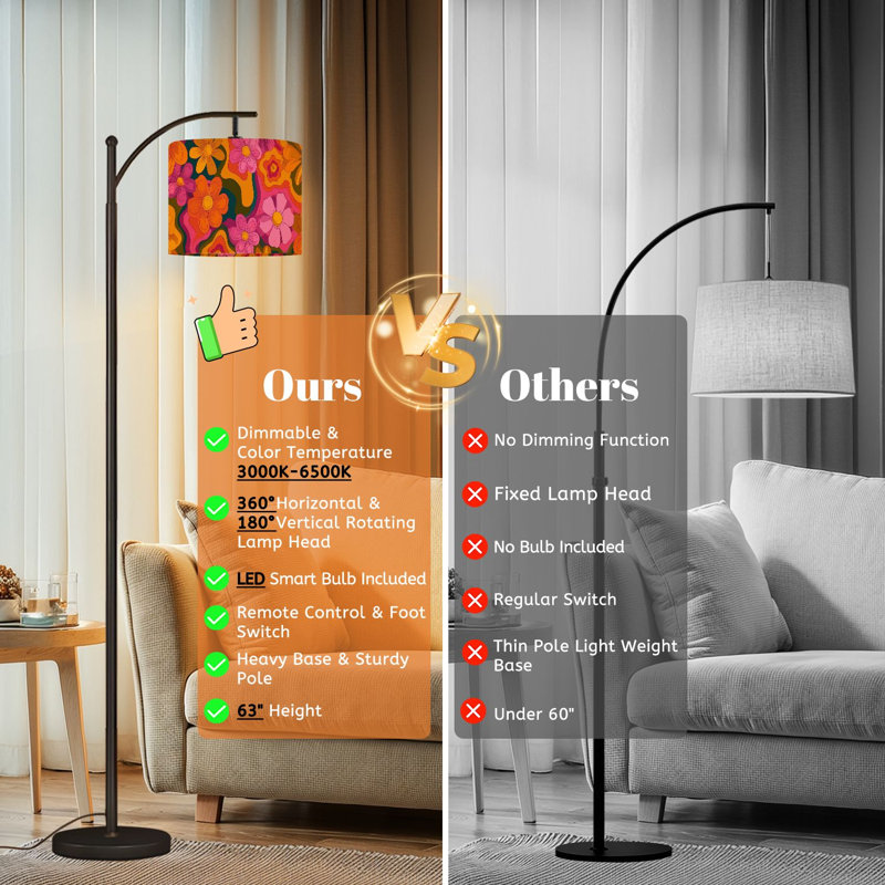 Arc Floor Lamp with Adjustable Lampshade Psychedelic hippie nostalgic retro 60s groovy print Vintage 70s wavy Standing Lamp 3 Color Temperatures Dimmable Tall Pole Lamp with Foot Switch for Bedroom