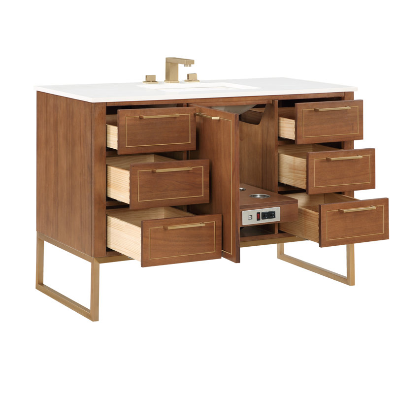 Ensemble de meuble-lavabo simple 48 po Markham, Quartz Calacatta universel, Noyer, Laiton satiné