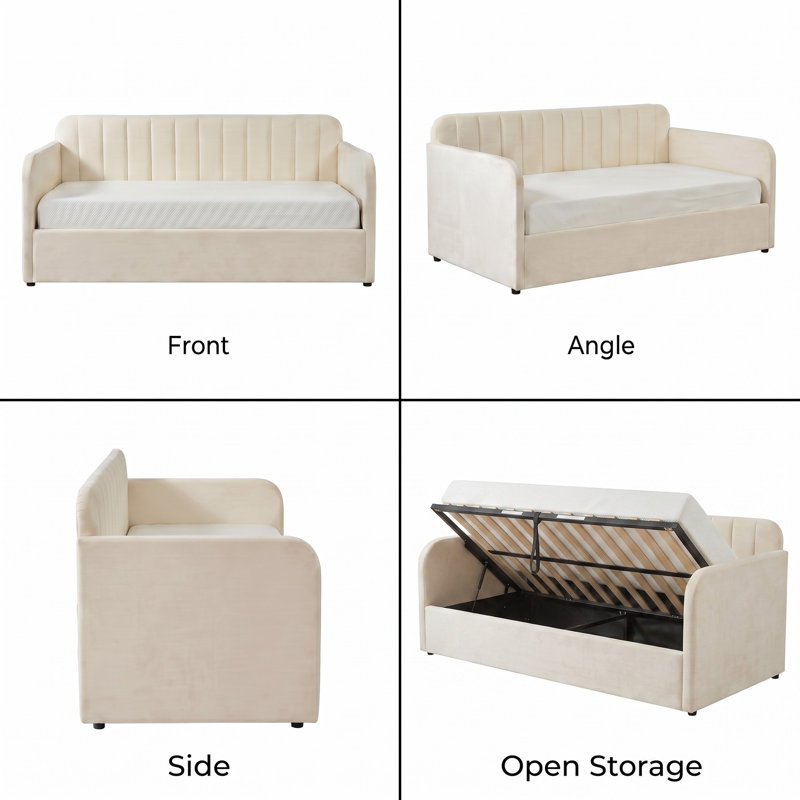 Velvet Piano Key Style Tufting Daybed with Lift-Up Storage, No Box Spring Needed, Cream, Cream