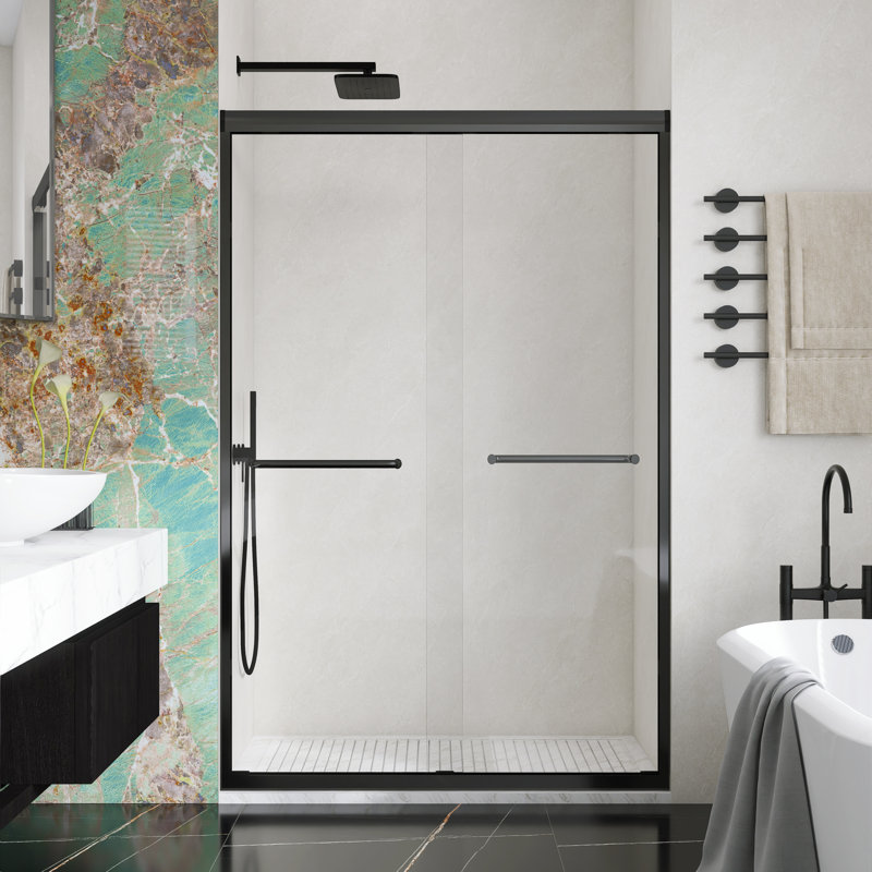 44" To 48" X 72" Aluminum Framed Double Sliding Shower Door, With 1/4" Tempered Glass, With Explosion Proof Film, Stainless Steel Handle