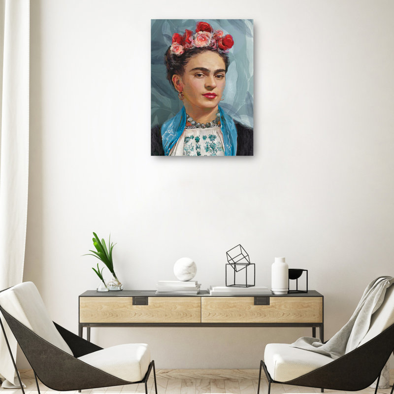 Floral Crown Portrait Canvas Art Print in Blue and Red