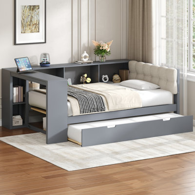 Twin Wood Storage Platform Bed Platform Bed With Trundle, Charging Station & Upholstered Headboard