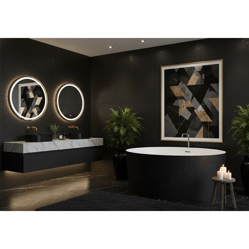 58.9” Deep Soaking Concrete Black and White Freestanding Round Bathtub, Black/White