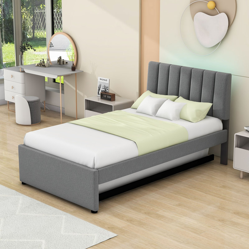 Lit plateforme tapissier simple avec lumières DEL et lit gigogne Radena, gris