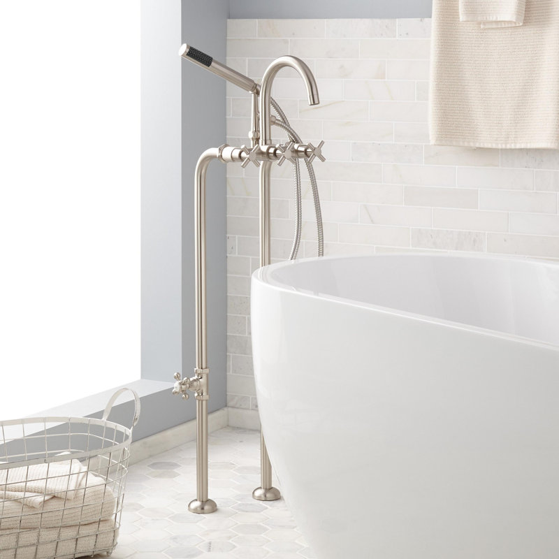 Sebastian Floor Mounted Tub Faucet with Cross Handles, Brushed Nickel