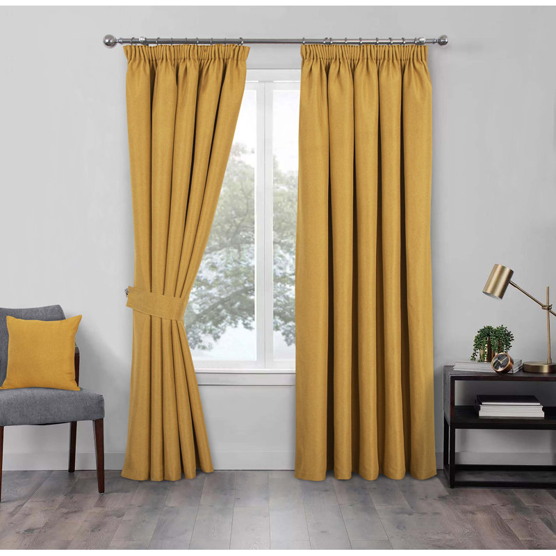 Blackout Pencil Pleat Curtain Pair, 114 W x 137 D cm, Ochre
