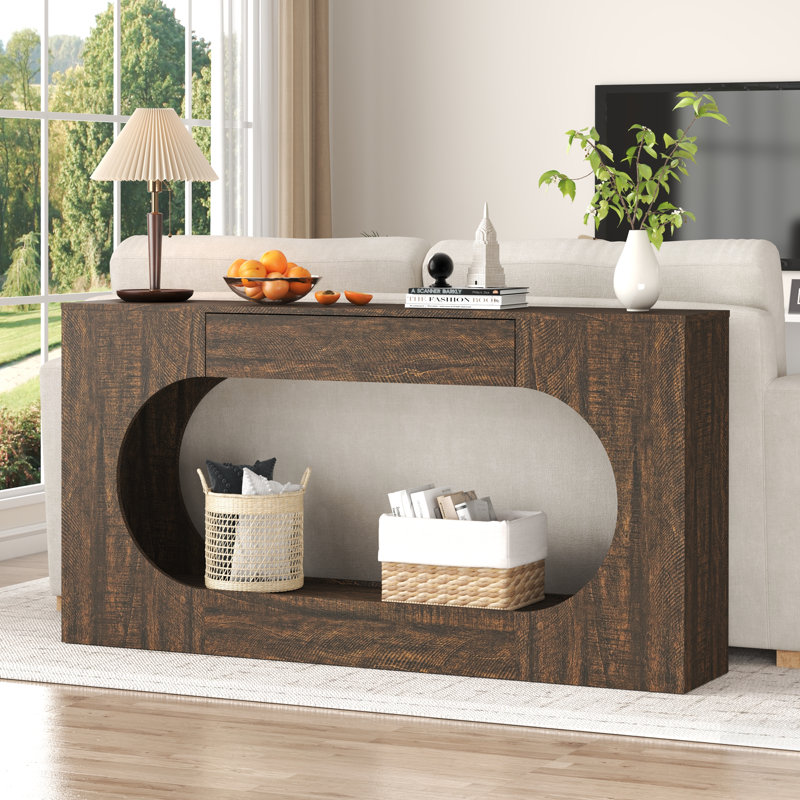 Console à grain de bois avec tiroir, canapé d'entrée moderne en panneau de particules d'ingénierie, table d'appoint étroite à cadre creux ovale pour le couloir du salon
