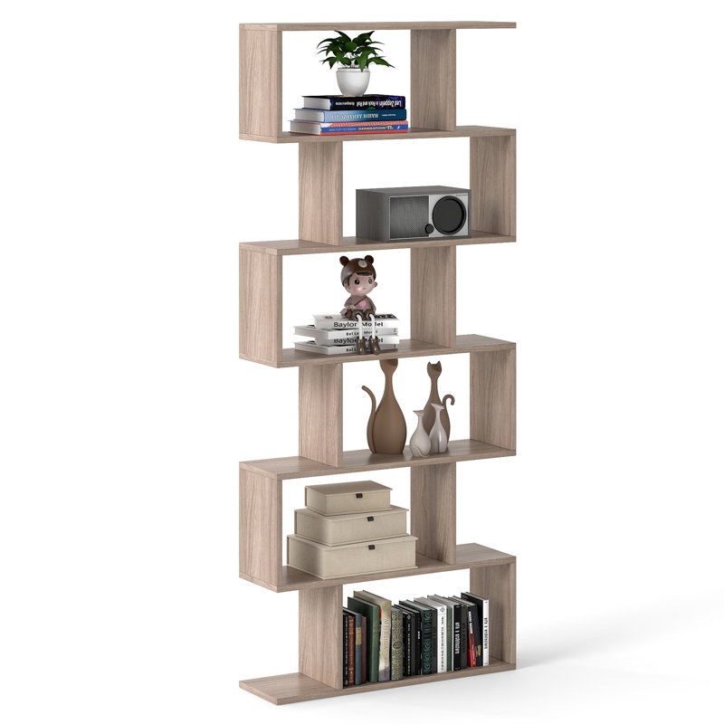 Bookcase Free Standing S-Shaped Style Bookshelf Multifunctional Decorative Shelving W/ Anti-Tipping Device, Grey