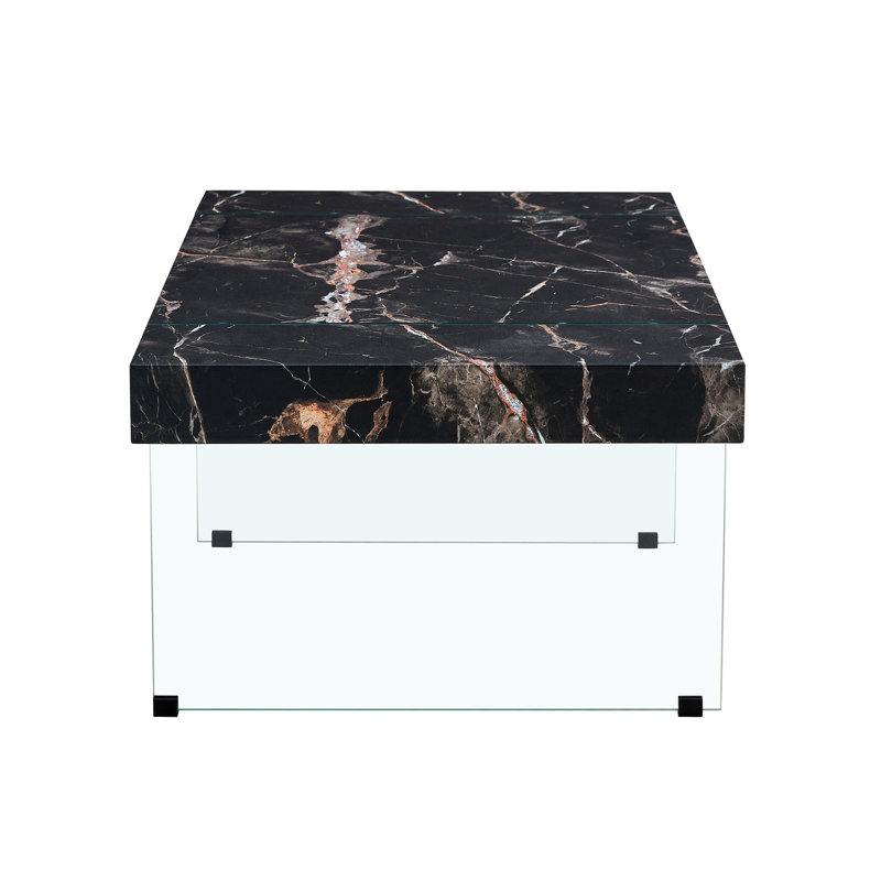 43.3"X23.6" Black Marble-Patterned MDF Coffee Table With Tempered Glass Legs.Suitable For Living Room.It Can Be Used Not Only As A Coffee Table But Also As A Side Table Or Display Stand.