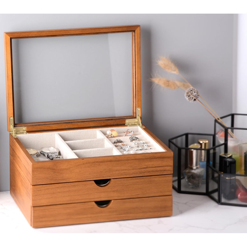 Boîte à bijoux avec couvercle en verre, organisateur de bijoux 3 couches