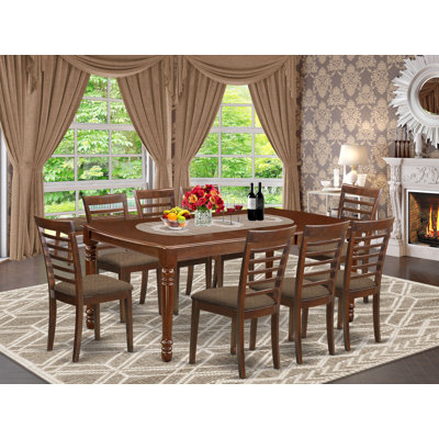 9 Piece Kitchen Table Set Includes a Rectangle Dining Table with Butterfly Leaf and 8 Linen Fabric Upholstered Dining Chairs, 42x78 Inch, Mahogany