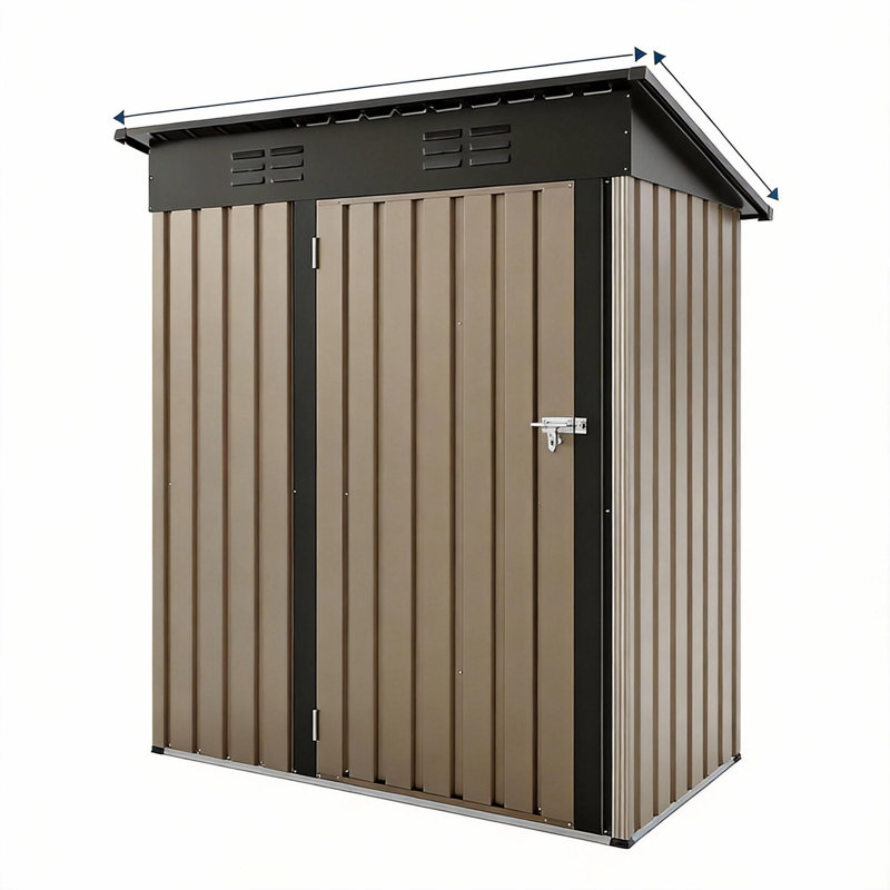 Metal Tool Shed with Single Door - Slanted Roof, Small Size, 5x3FT, Garden Storage, Outdoor Iron Tool Storage, Brown