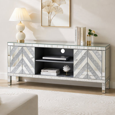 Meuble télé en miroir pour téléviseur de 65 pouces et plus, console de télévision avec rangement ouvert et 2 armoires de rangement, portes de miroir en forme de M pour le salon (l 59 po x H 25,2 po x P 15,7 po)