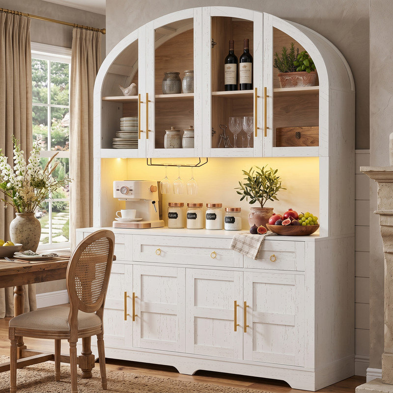 55 po de large garde-manger arqué et bar à café avec éclairage DEL, station de charge et portes en verre, tablettes réglables