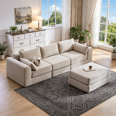 100" Modular L-Shaped Sectional – Upholstered, Compression-Molded Foam, 5 Pillows