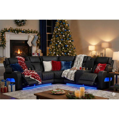 Hofstetter Sectional Sofa Power Reclining Leather Aire with Bluetooth Speakers and LED Lights
