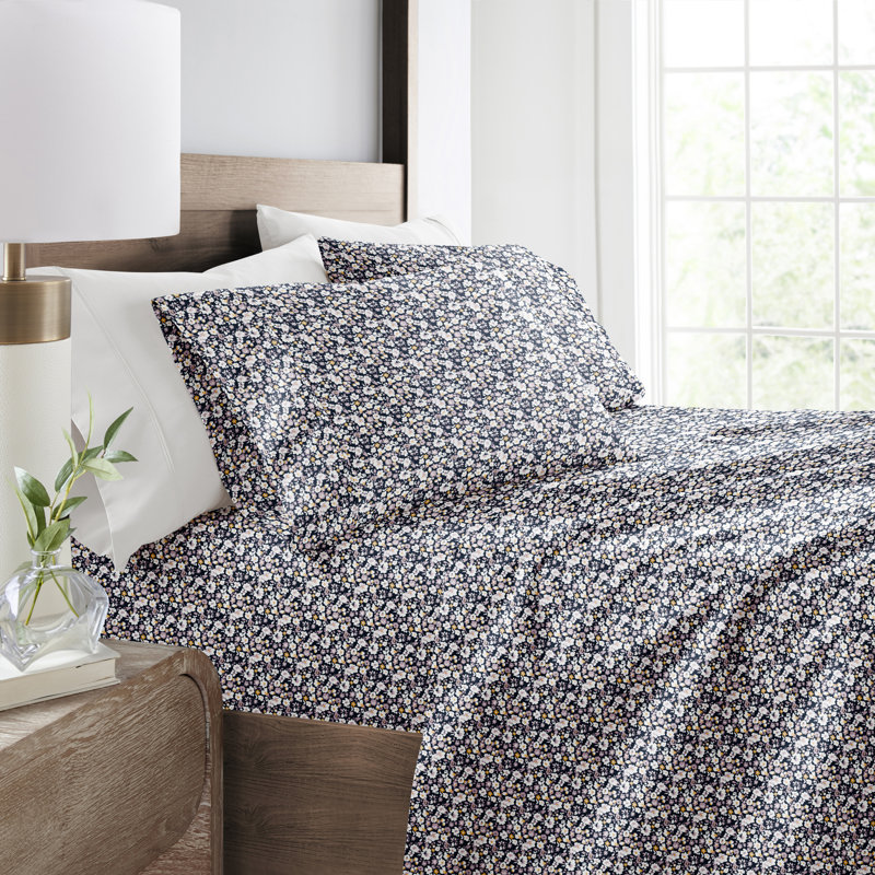 Navy Floral Full Microfiber 3-Piece Sheet Set