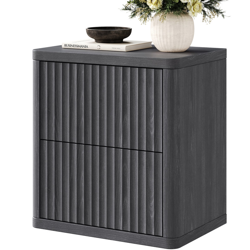 Table de chevet cannelée avec 2 tiroirs escamotables, Aulne noir, Individuel