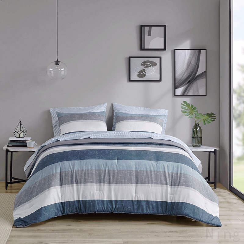 Stripe Comforter Set with Bed Sheets Blue/Grey Twin, Twin Comforter + 4 Additional Pieces