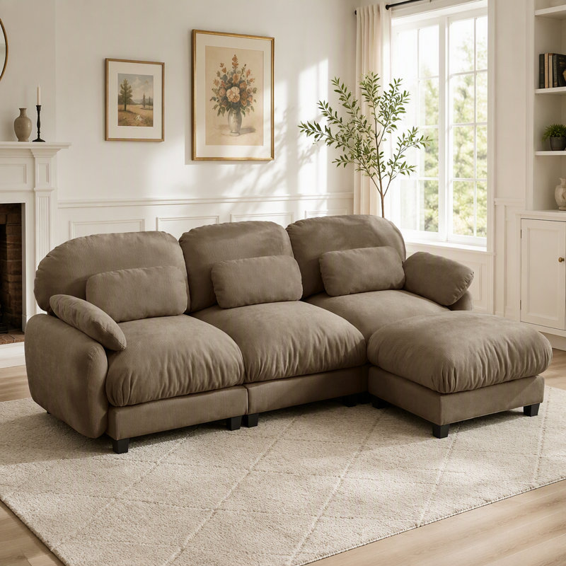 Canapé modulaire en L à 3 places avec repose-pieds, assise profonde et tissu chenille de qualité supérieure, Chenille brun