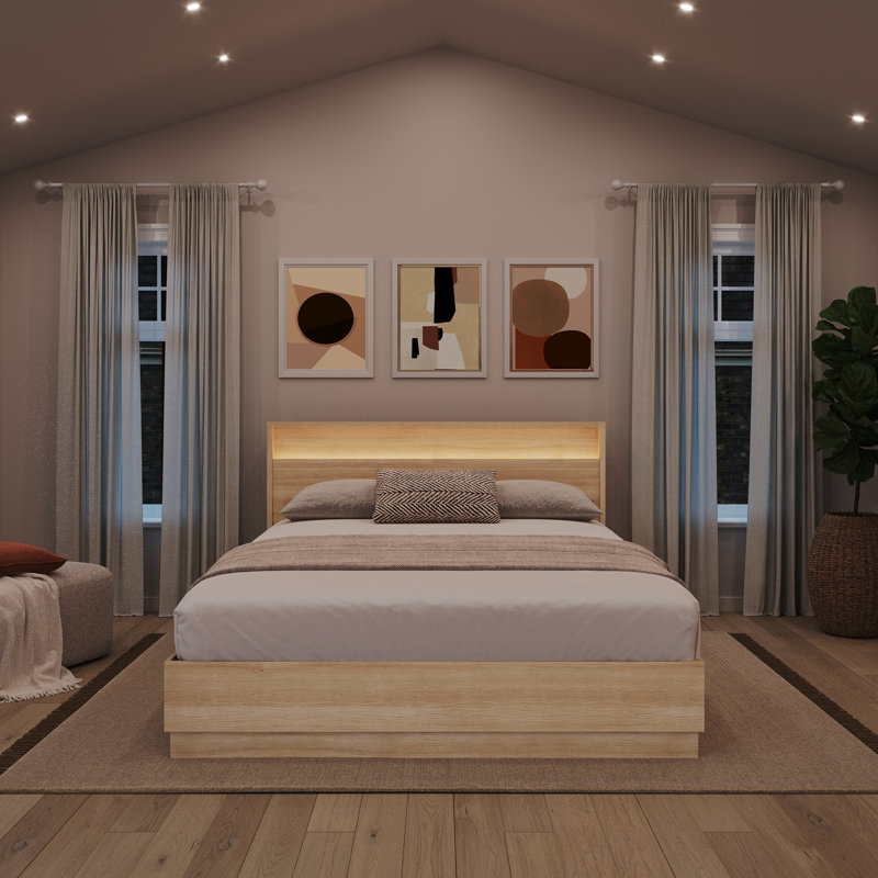 Harlow Queen Size Slatted Bedframe and Headboard with Integrated Light, Beige