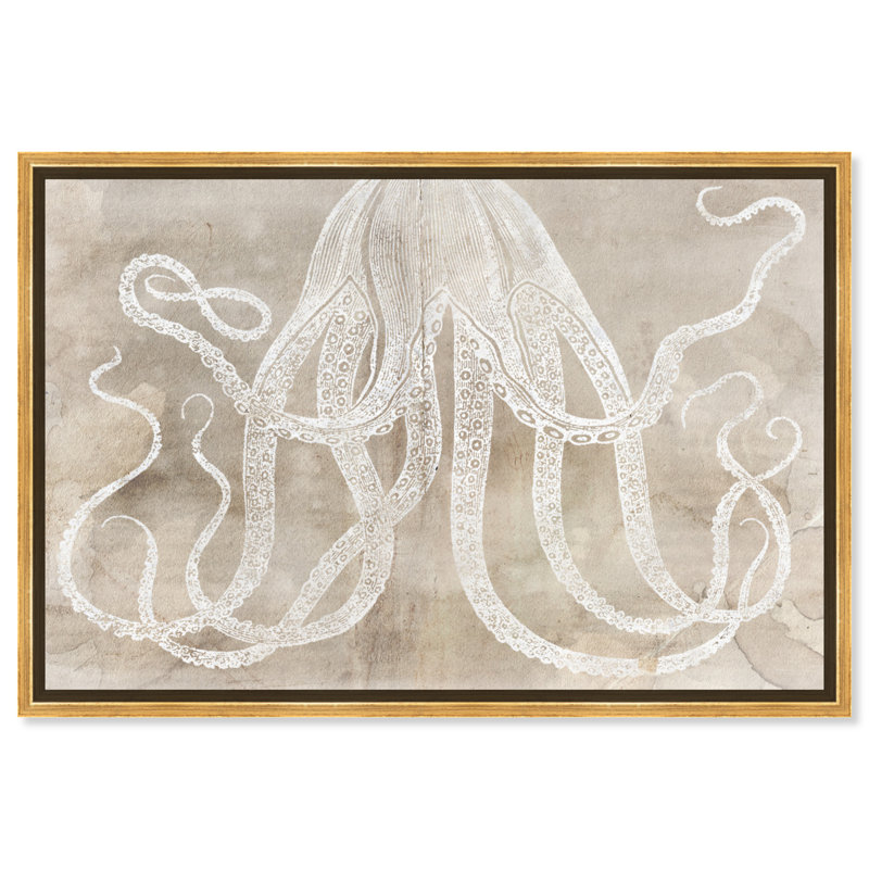 Pieuvre en papier nautique et côtier - impression sur toile tendue, H 10 po x l 15 po, Or