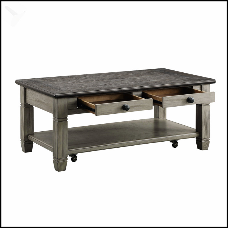Table basse en bois au fini gris et antique avec roulettes, 2 tiroirs et tablette inférieure pour les salons modernes