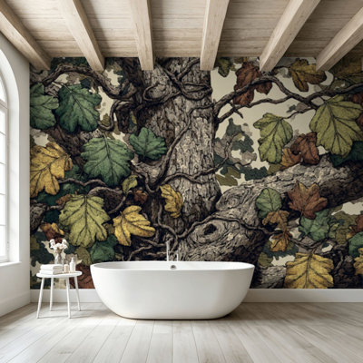 Peel and Stick Wallpaper Wall Mural Real tree forest camouflage seamless design for hunting military Wall Art Self Adhesive and Removable