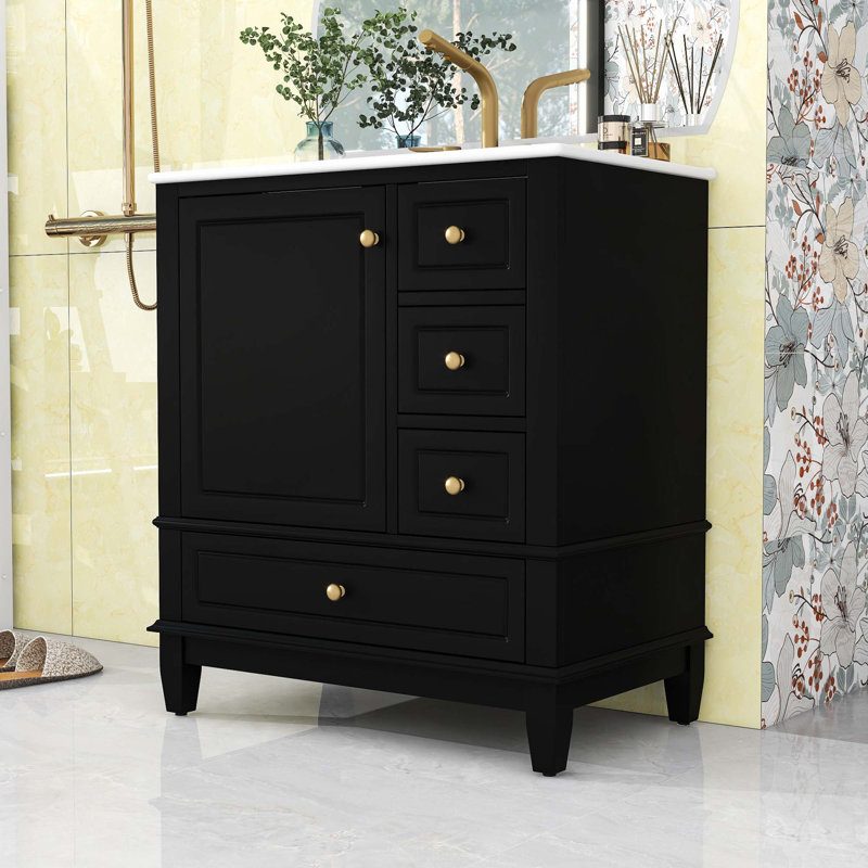 Meuble-lavabo avec lavabo, tablette et trois tiroirs, Noir