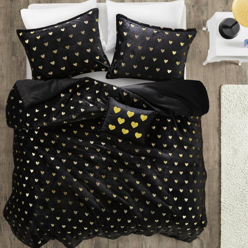 4 pièces, édredon doux en cœur métallique noir, lavable à la machine, - étiqueté, revers en microfibre, rembourrage imprimé, tissu lavable