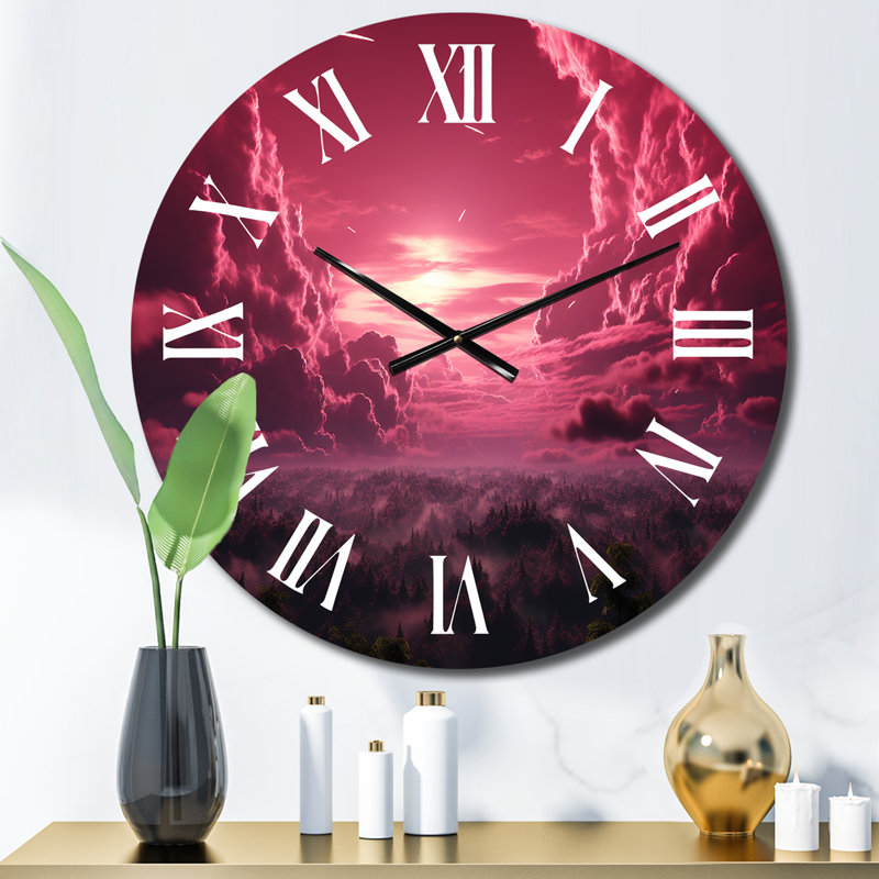 Horloge murale majestueuse, coucher de soleil rose sur forêt mystérieuse, Moyenne