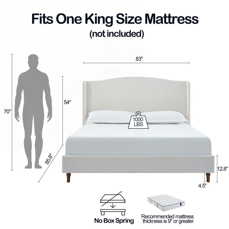 Headboard Upholstered Wingback Bed, Ivory