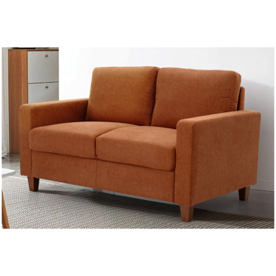 Canapé 2 places moderne Mid-Century, canapé en tissu d'ameublement orange avec coussins en mousse haute densité et pieds en bois massif amovibles pour le salon ou un appartement
