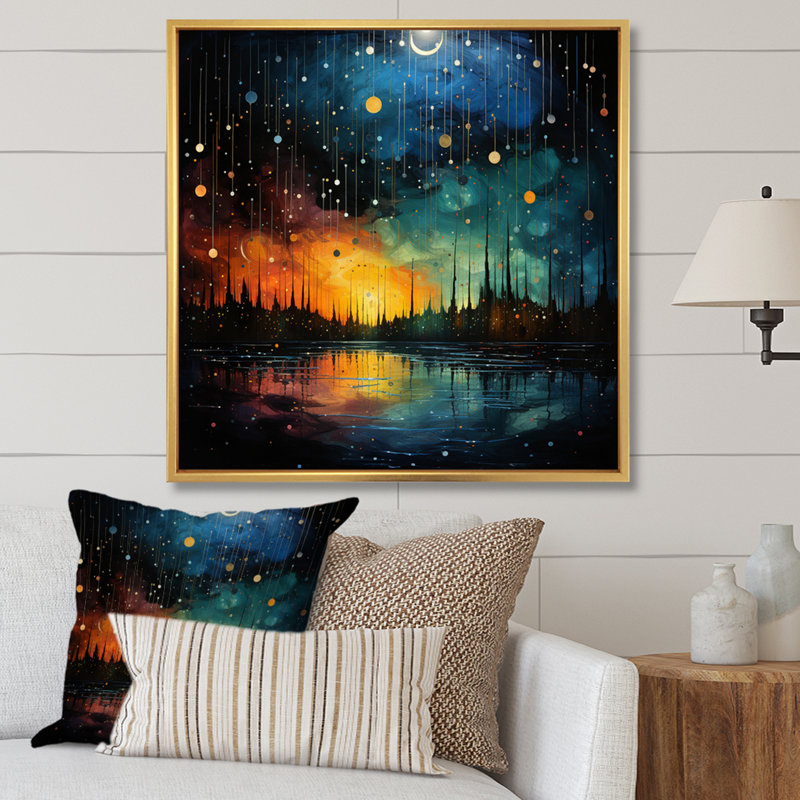 Meteors Celestial And Pointillism I - Asteroids Canvas Print, H 16 po x l 16 po x P 1 po, Cadre flottant doré