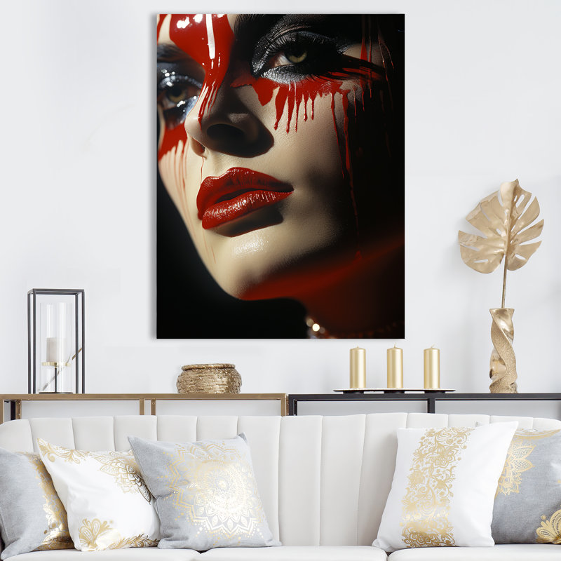 Rouge, rouge, mode, femme, portrait II - mode, art mural, Cadre simple noir, H 40 po x l 30 po x P 1,5 po