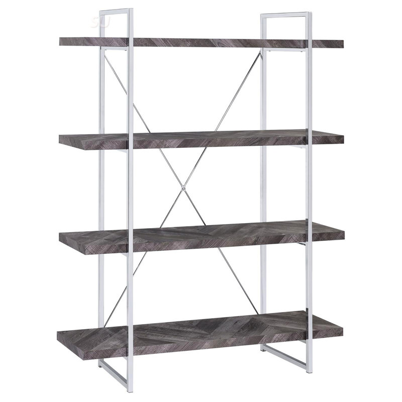 Bibliothèque à chevrons avec tablettes pleine longueur, combinant charme rustique et élégance moderne pour des solutions de rangement élégantes.