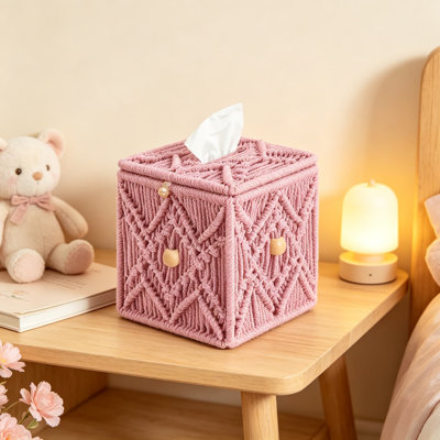 Boîte à mouchoirs en macramé faite main, porte-mouchoir carré bohème avec perles de bois, organisateur de mouchoirs et papier hygiénique en corde de coton tressée, boîte de rangement décorative pour bureau avec boucle