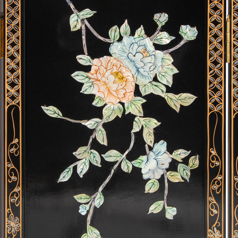6 Ft. Tall Black Lacquer Room Divider - Birds And Flowers