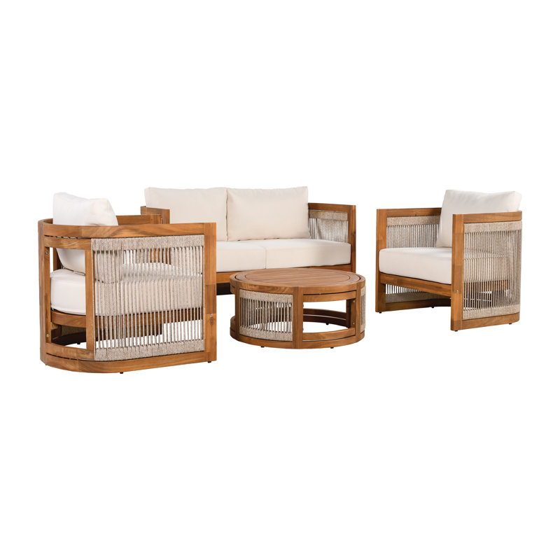 Aldo Outdoor 4-Piece Pe Rope Woven Conversation Set With Acacia Wood Frame, Beige