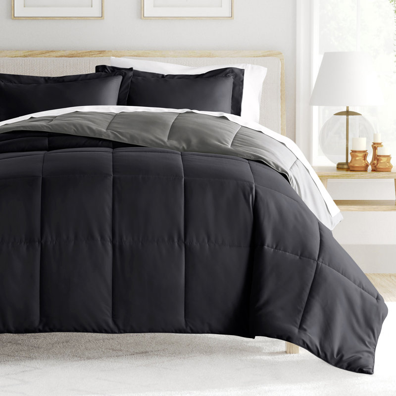 Reversible Down-Alternative Comforter Bedding Set, Twin/TwinXL Comforter + 1 Sham, Black
