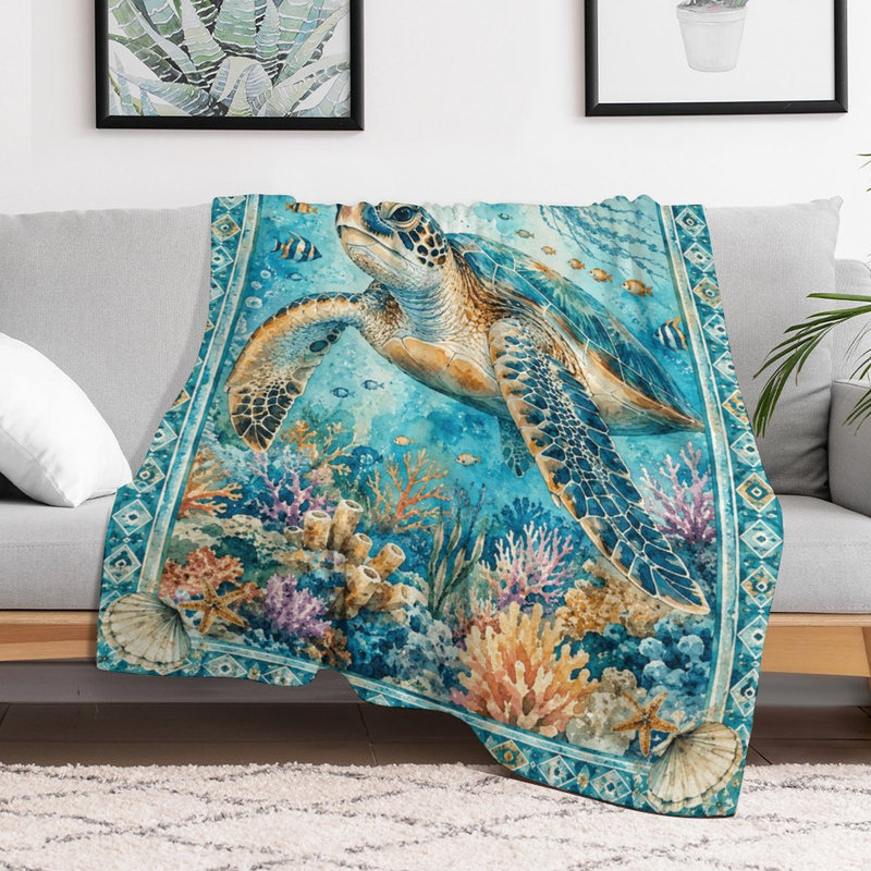 Jeté en flanelle de mer, motif de vie sous l'eau, 60x80in