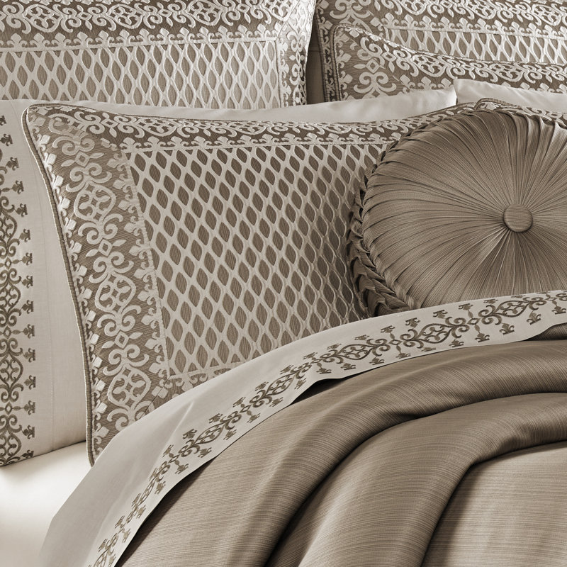 Ivory and Champagne Satin Jacquard Queen Comforter Set