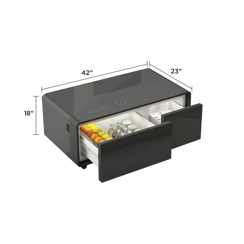 Cherubino Coffee Table with Fridge Cabinet and Bluetooth Stereo with Sockets and Ambient Lighting, Black