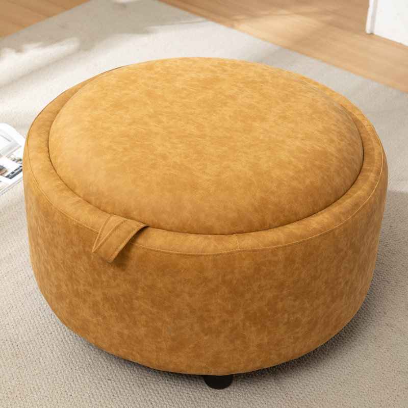 Savinien Upholstered Round Storage Ottoman, Yellow Performance Faux Leather