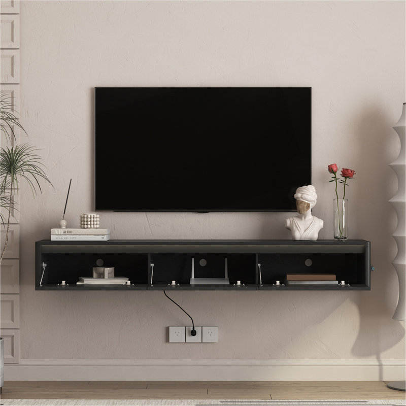 Meuble télé flottant, meuble télé mural avec lumières DEL et prise de courant pour le salon, Black