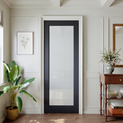 Interior 1‑Lite Black Frame & Frosted Glass Door, Solid Core Primed Single Slab Door, SGCC Certified Tempered Glass, Pre‑Finished & Easy DIY Satin, w/o Hardware, Pantry, Bedroom, Bathroom & Closet, for Prehung, French & Pocket Door, 28"x 80"