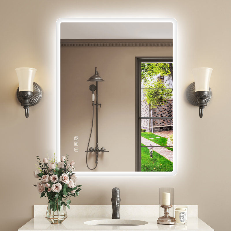 Wall-mounted Mirror with Lights – Frameless, Infinite Dimming, Anti-Fog, 3 Light Modes, Built-in Bluetooth, 28" x 36", Clear