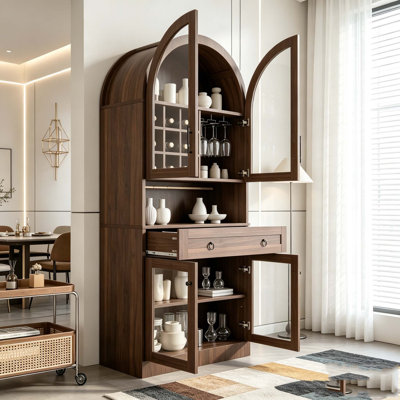 Armoire de bar 70 po de hauteur, armoire à café de style Mid-Century avec tablette réglable et 5 crochets, 9 supports à vin, 3 porte-verres, portes en verre trempé