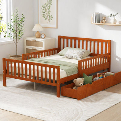 Lit plateforme double en bois avec double garde-corps et deux tiroirs de rangement, parfait pour un sommeil confortable et organisé