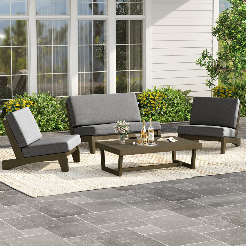 Polett Outdoor Conversation Solid Wood Group With Armless Chair And Loveseat And Coffee Table, Gray, Brown